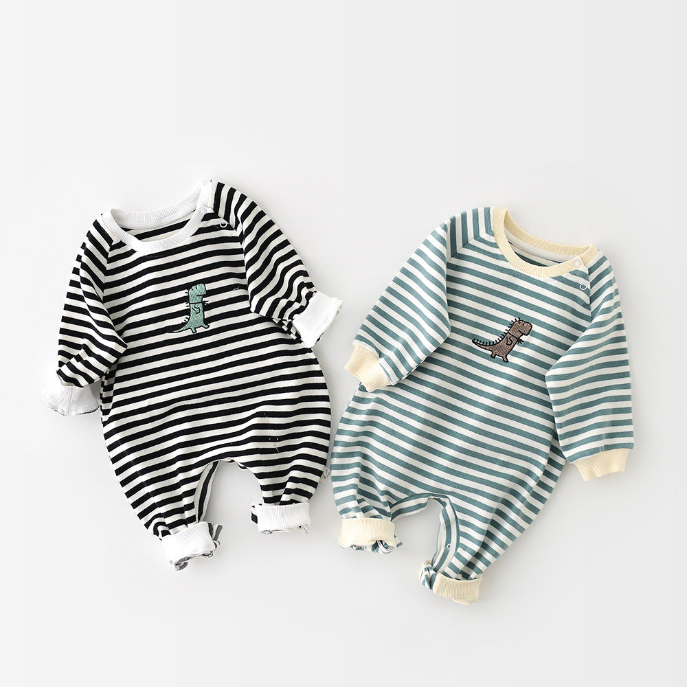 Adorable Baby Dinosaur Embroidered Striped Jumpsuit (Long-Sleeve)