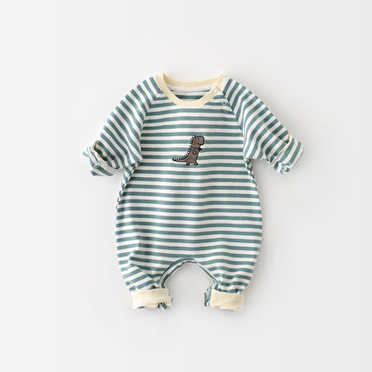 Adorable Baby Dinosaur Embroidered Striped Jumpsuit (Long-Sleeve)