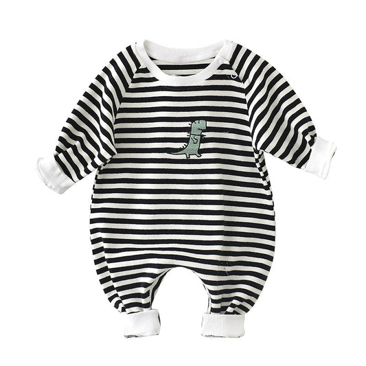 Adorable Baby Dinosaur Embroidered Striped Jumpsuit (Long-Sleeve)