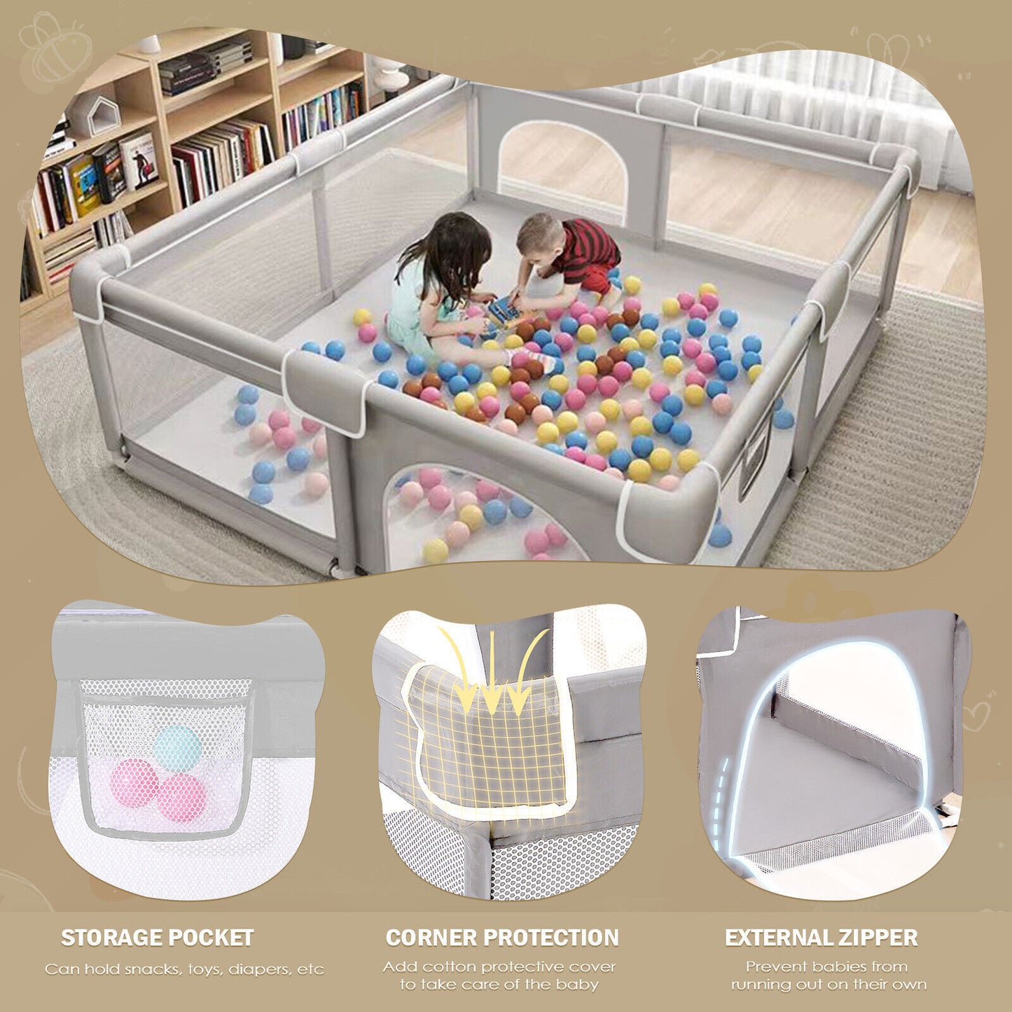 "Safe & Fun Playpen – Perfect activity space for babies"
"BPA-Free Baby Playpen – Safe and secure play area for little ones"
"Non-toxic Safe Playpen for Babies – Ideal for safe playtime"
"Durable Baby Playpen – Comfortable and fun activity space"
"Safe and Spacious Playpen for Babies – The perfect environment for play"