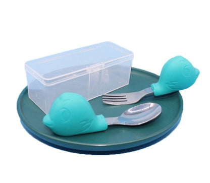 Cartoon Baby Eating Training Fork & Spoon Set – Soft Silicone for Easy Feeding